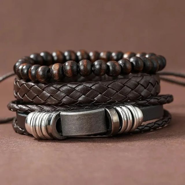 Set di 3 braccialetti in pelle intrecciati a mano