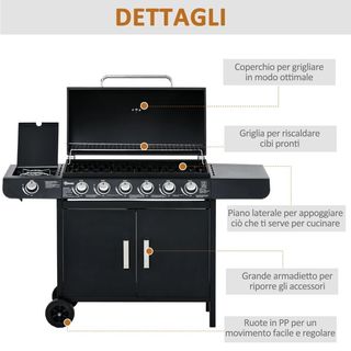 Barbecue a Gas con Coperchio, 7 Bruciatori da 20kW