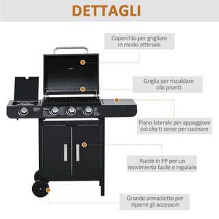 Barbecue a Gas con Coperchio, 4 Bruciatori da 11.6