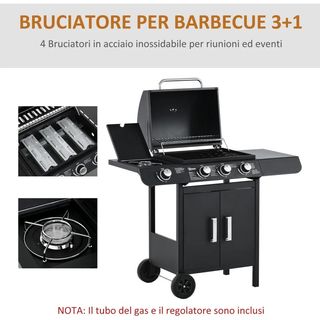 Barbecue a Gas con Coperchio, 4 Bruciatori da 11.6