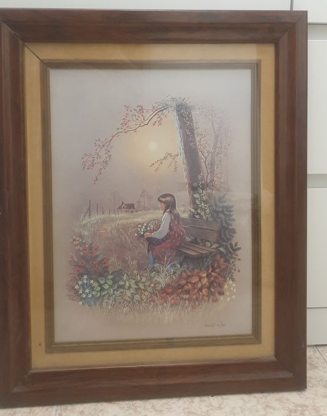 Cuadro mujer niña otoño campo firmado Vicente Roso