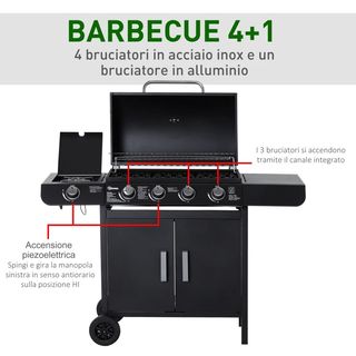 Barbecue a Gas a 5 Fornelli con Ripiani Laterali e