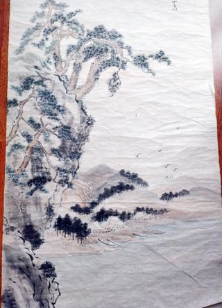 Pergamino chino antiguo . Dibujo a tinta