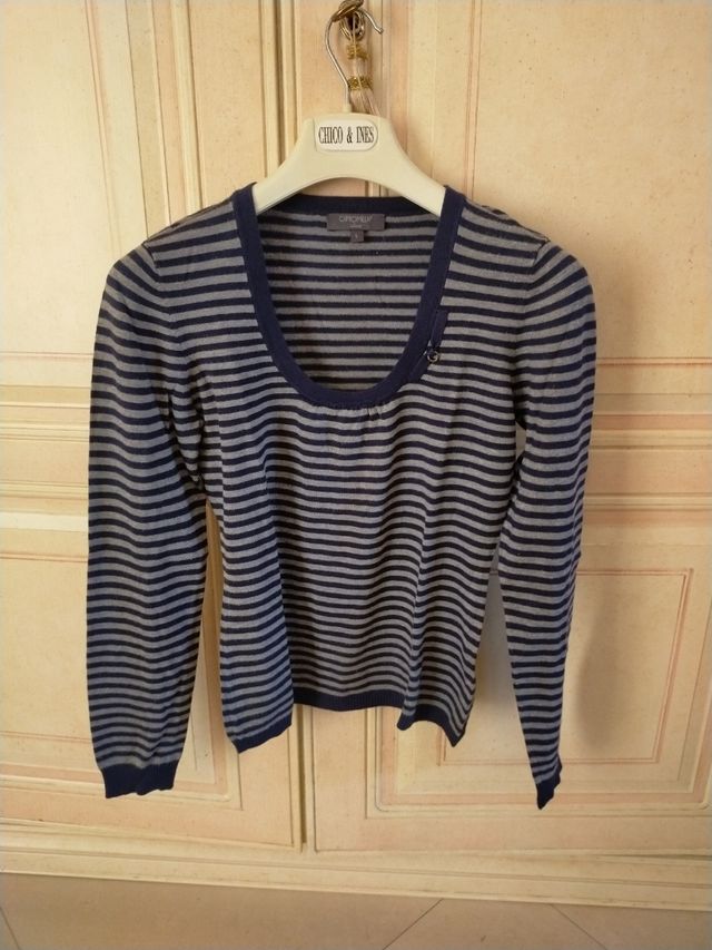 Maglione donna rigato blu e grigio"camomilla"