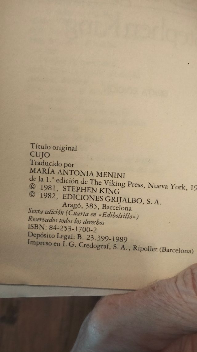 CUJO. Stephen King. Edición Grijalbo.
