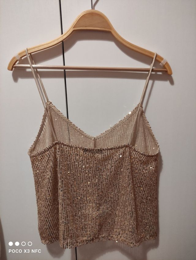 Top crop lentejuelas tirantes dorado