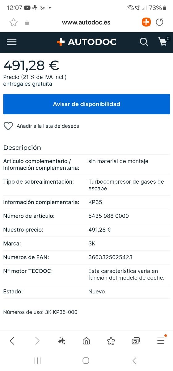 TURBO COMPRESOR RENAULT, DACIA 1.5