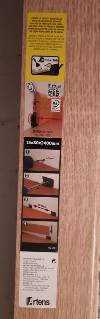 RODAPIE LISO CON PASACABLE DE MDF 240x8x1,5 cm