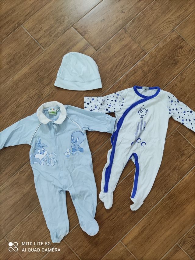 2 tutine cotone neonato con cappellino