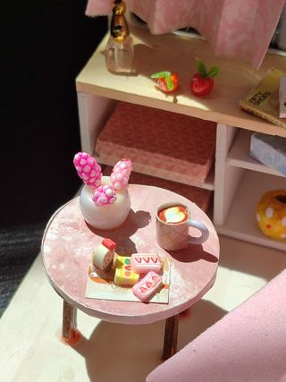 Casa muñecas miniatura casita maqueta salón rosa