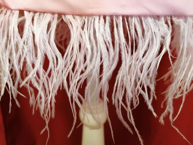 Vestido drapeado con plumas y pedrería