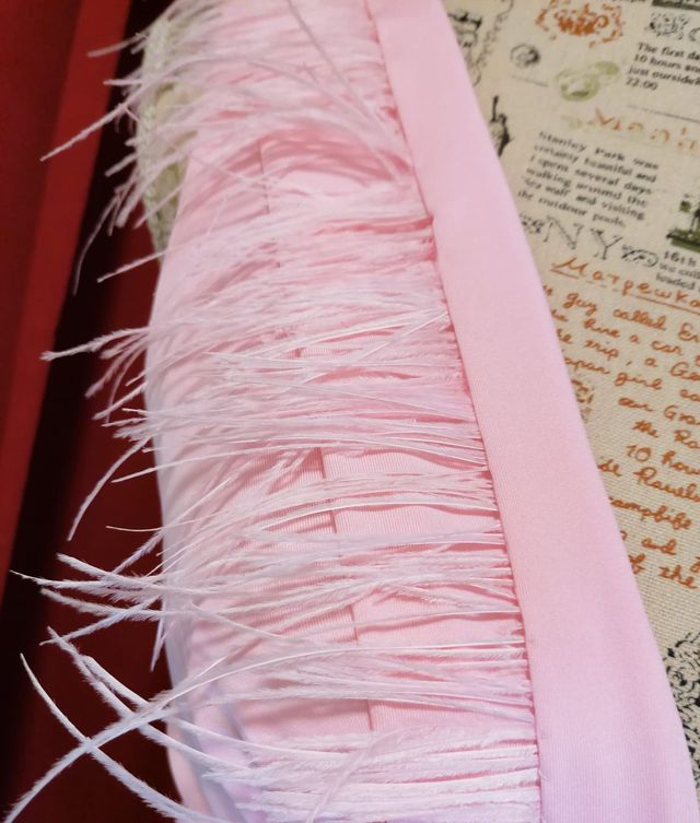 Vestido drapeado con plumas y pedrería