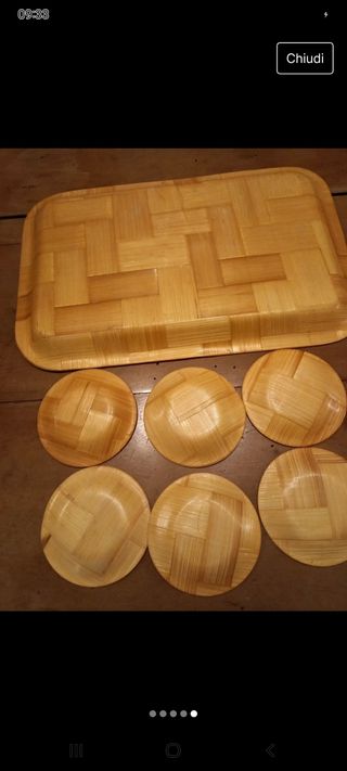 Vassoio e piattini cinesi vintage in bambù