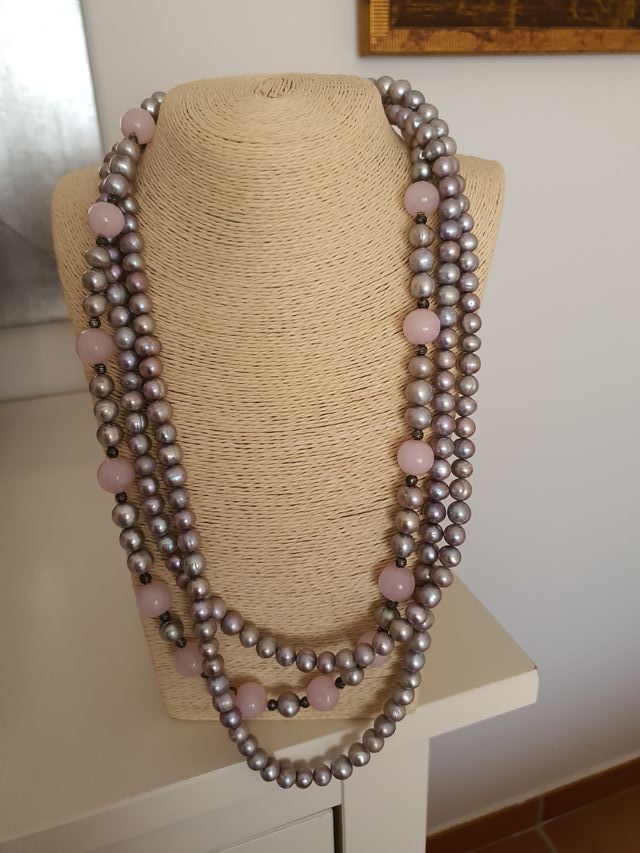 Collar 3 vueltas perlas naturales y cuarzo rosa