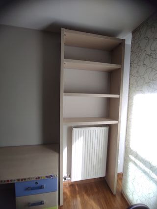 Mesa de escritorio con estantería.