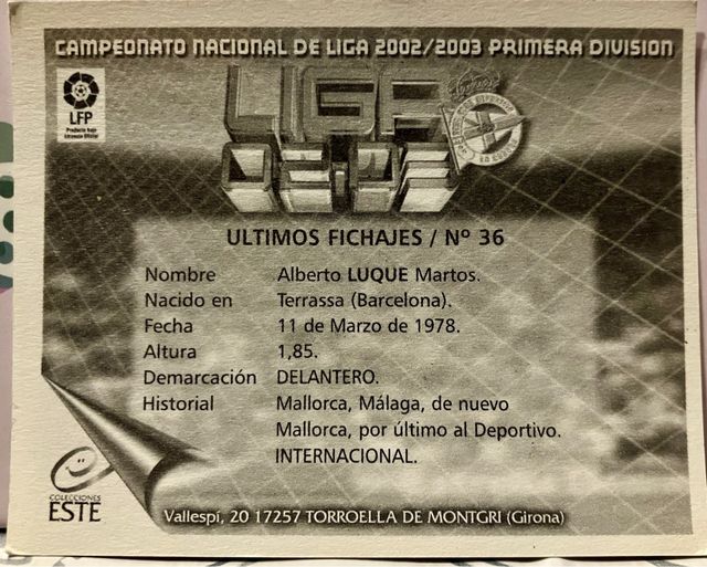 Cromo original Albert Luque 2002-2003
