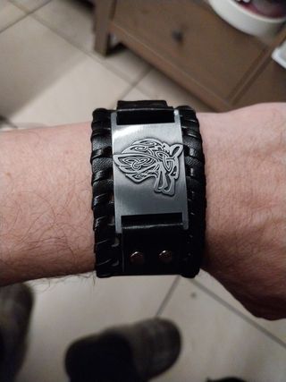 Bracciale nordic pelle fibia Argentata lupo nordic