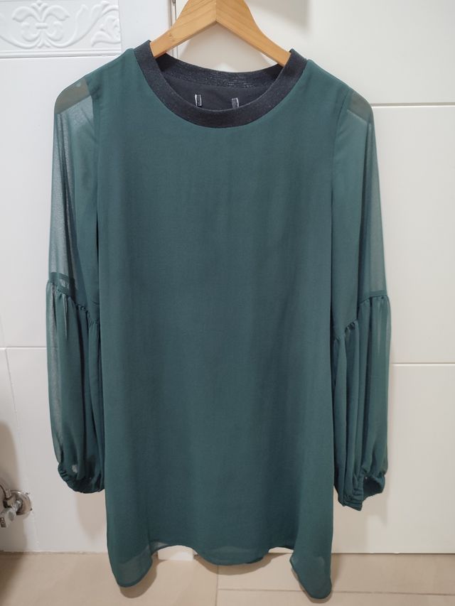 Vestido gasa verde oscuro, Zara, S,
