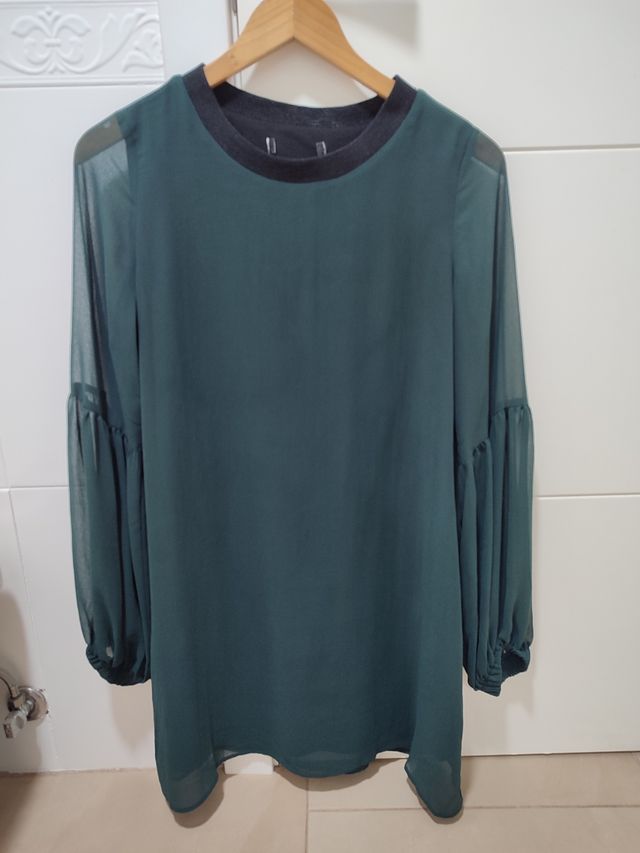 Vestido gasa verde oscuro, Zara, S,