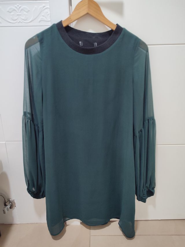 Vestido gasa verde oscuro, Zara, S,