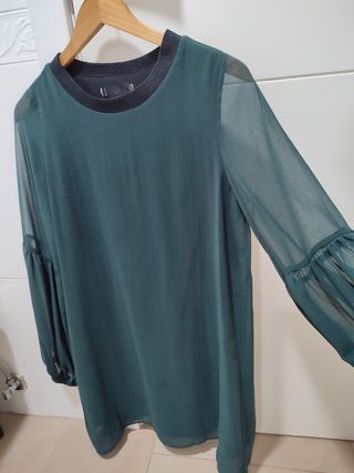 Vestido gasa verde oscuro, Zara, S,