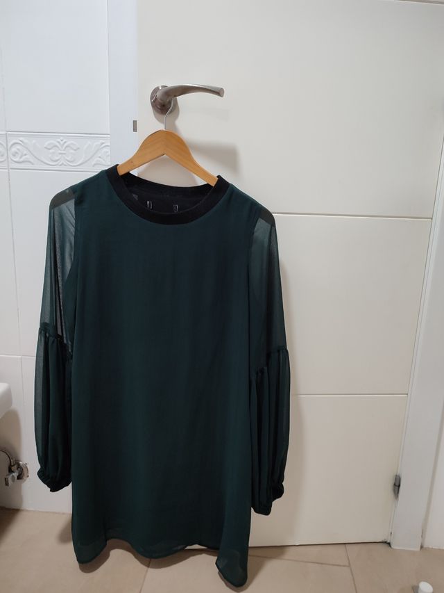 Vestido gasa verde oscuro, Zara, S,