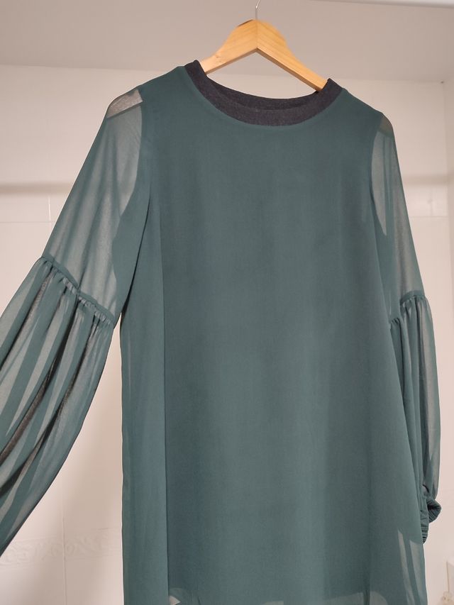 Vestido gasa verde oscuro, Zara, S,