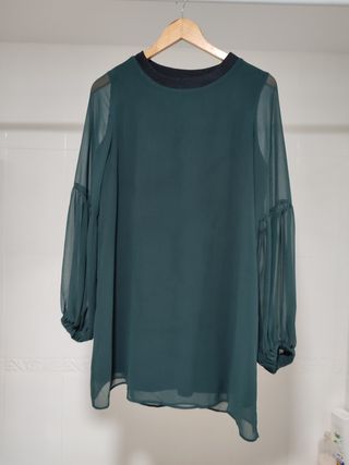 Vestido gasa verde oscuro, Zara, S,