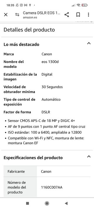 Camara canon reflex 1300D