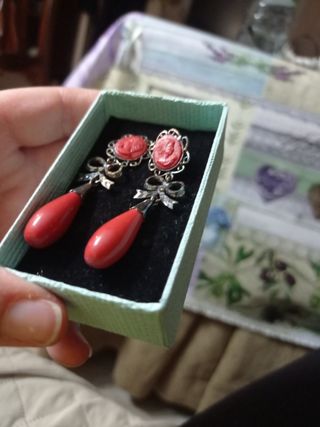 Pendientes antiguos plata de ley coral