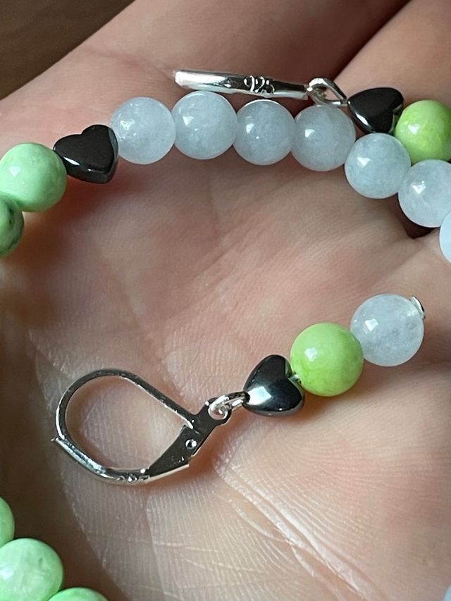 Conjunto 3 artíc. Piedra Aguamarina y corazones