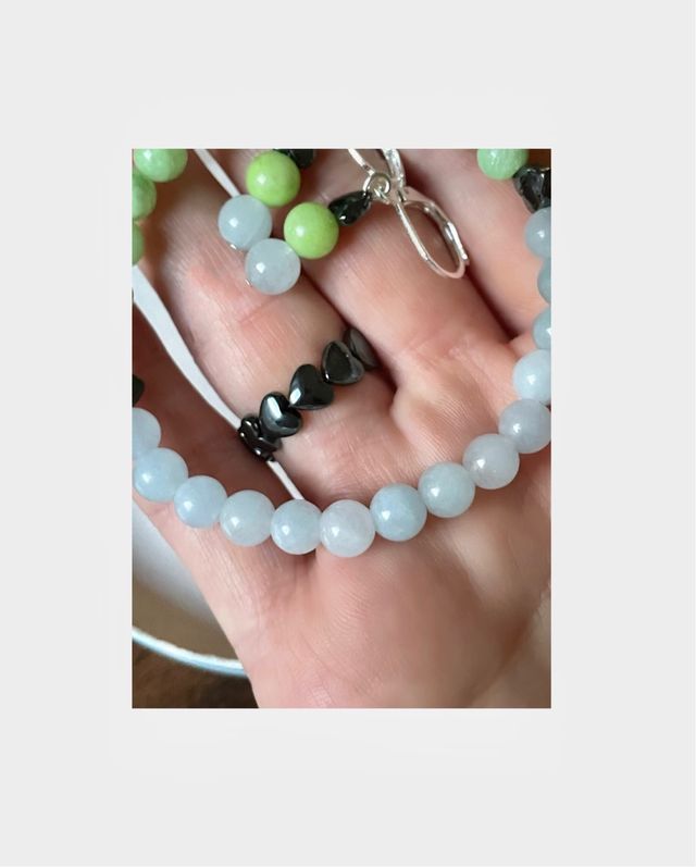 Conjunto 3 artíc. Piedra Aguamarina y corazones