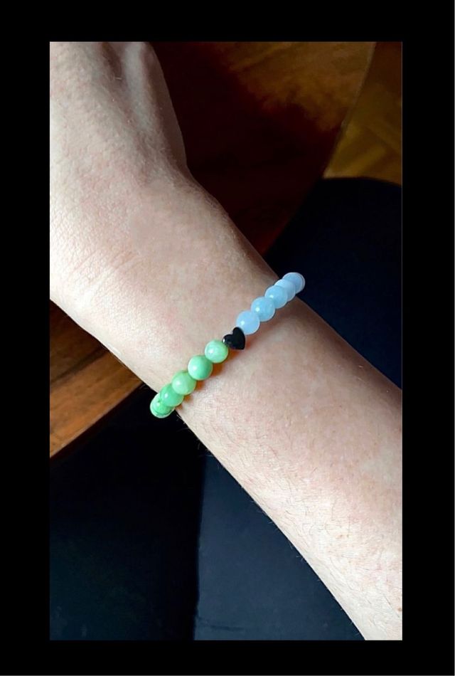 Conjunto 3 artíc. Piedra Aguamarina y corazones