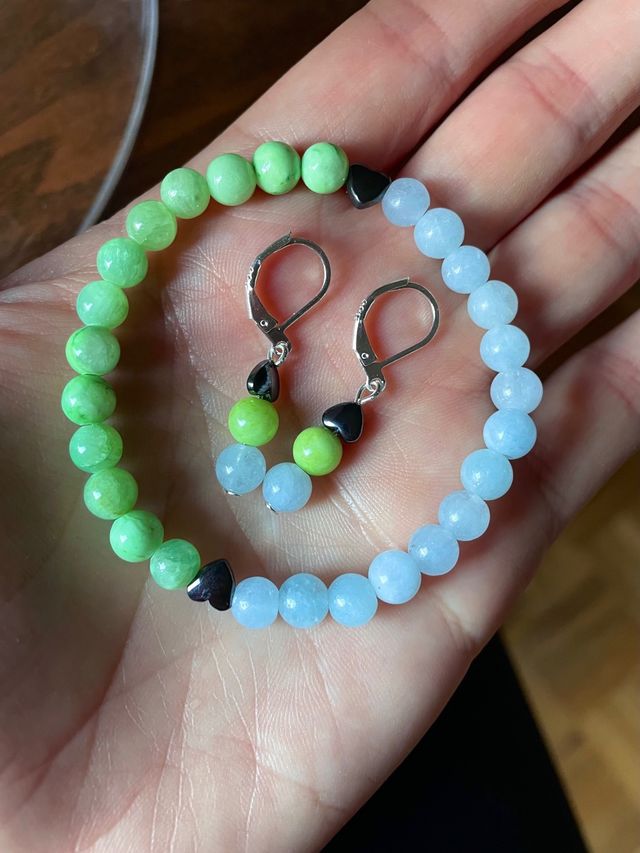 Conjunto 3 artíc. Piedra Aguamarina y corazones