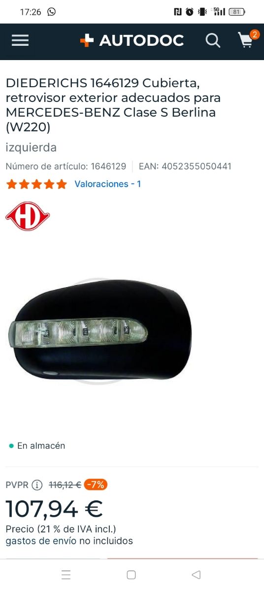 Carcasa de retrovisor Mercedes Clase S