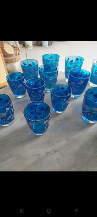 Set bicchieri vetro blu a fiori
