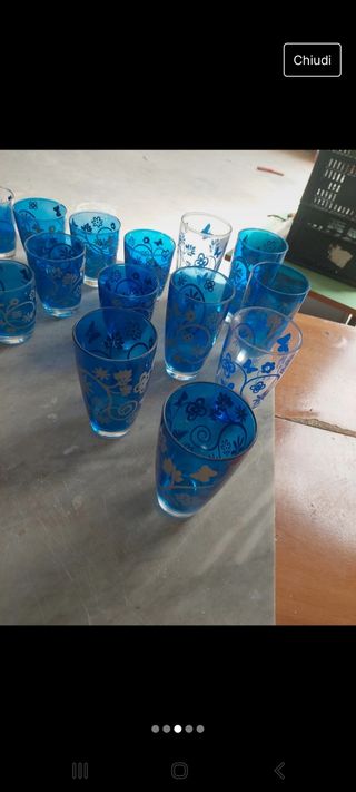 Set bicchieri vetro blu a fiori