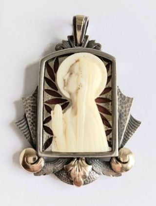 Antigua Medalla Colgante Virgen Oro Plata Art Deco