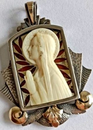 Antigua Medalla Colgante Virgen Oro Plata Art Deco