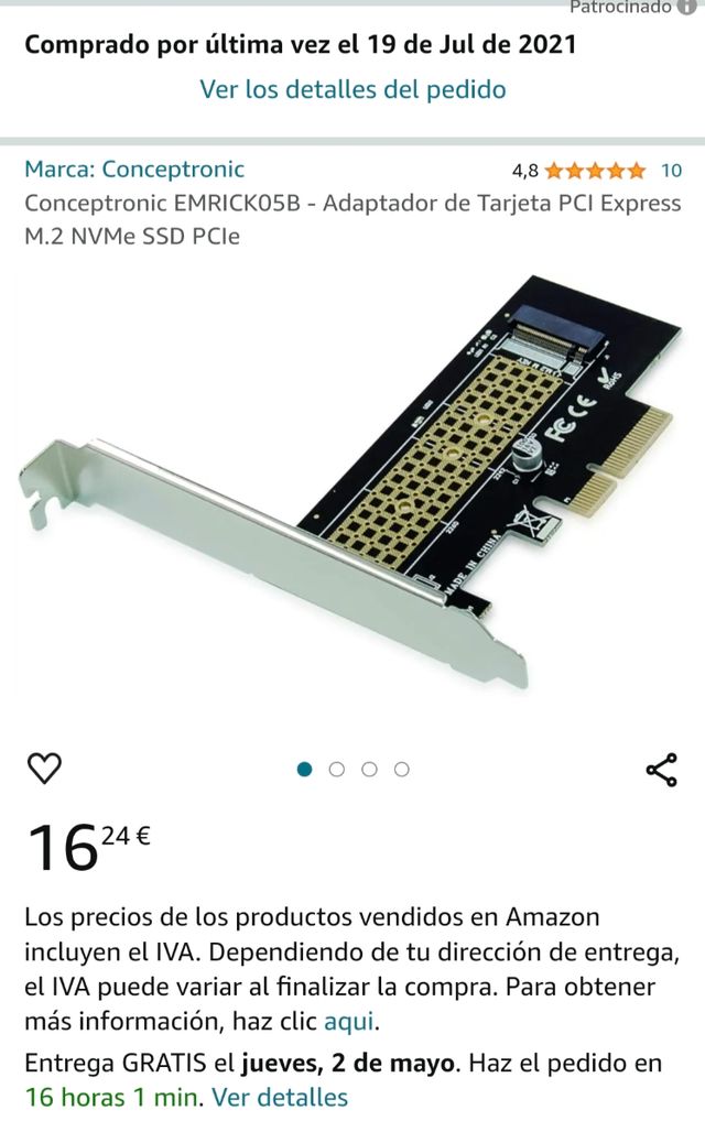 Adaptador Conceptronic PCIe a Nvme