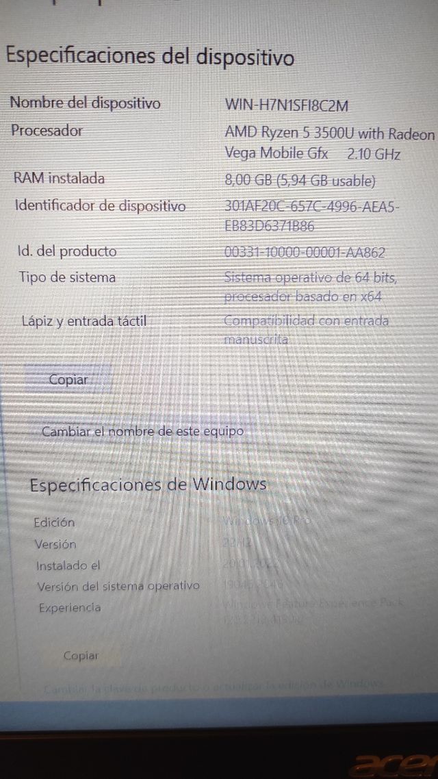 Acer Ryzen 5 3500u, 8gb, ssd 256gb