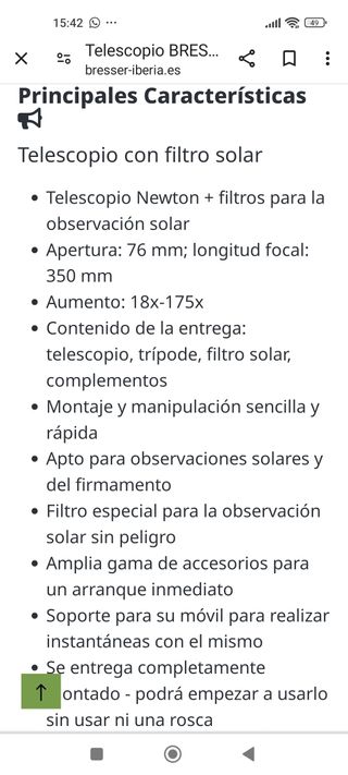 Telescopio cn filtro solar Breser 76/350