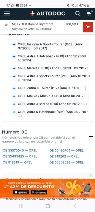 Bomba inyectora opel 55570040