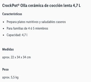 CrockPot® Olla cerámica de cocción lenta 4,7 L