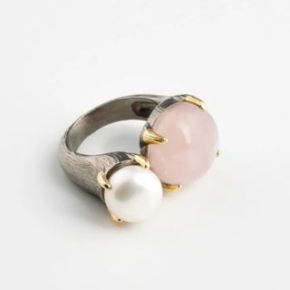 Anillo plata 925 cuarzo rosa y perla