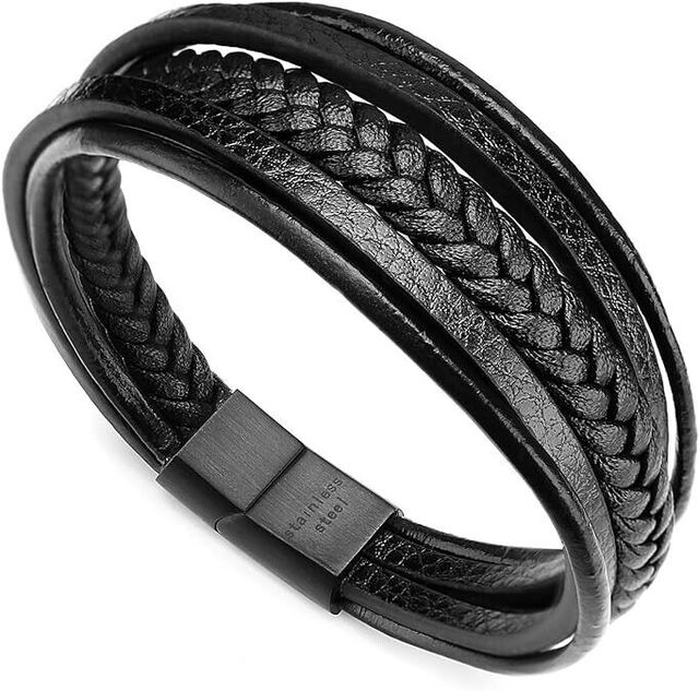 Bracciale Uomo Cuoio Pelle Nero Full Black Treccia