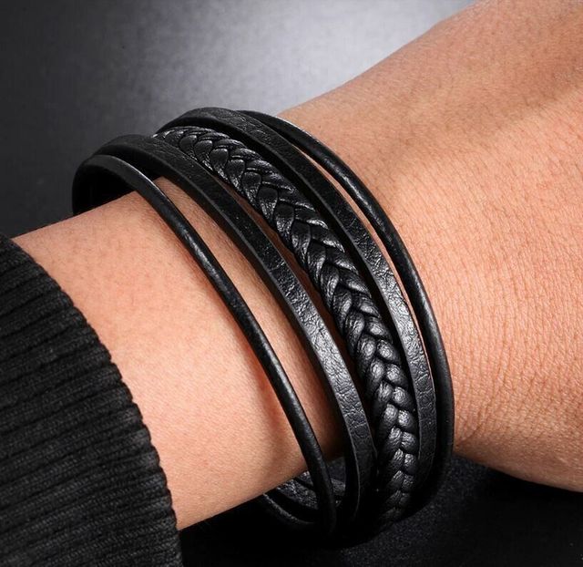 Bracciale Uomo Cuoio Pelle Nero Full Black Treccia