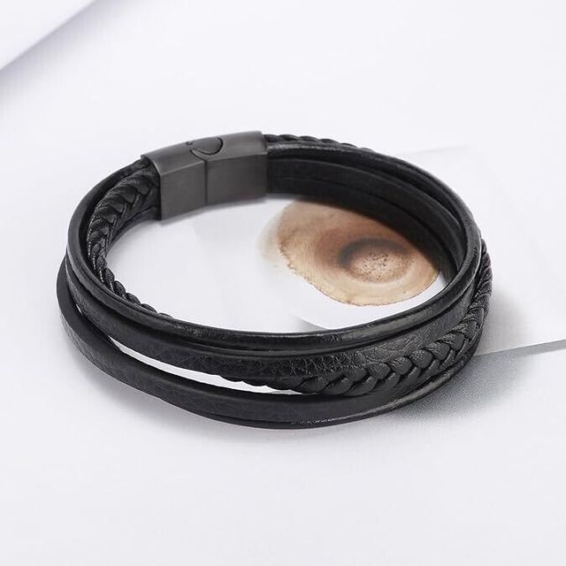 Bracciale Uomo Cuoio Pelle Nero Full Black Treccia