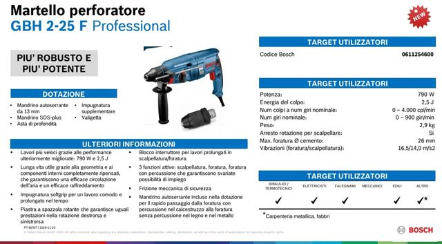 MARTILLO BOSCH 790 W GBH 2-25 F 2,5 J 0-4000 GOLPE