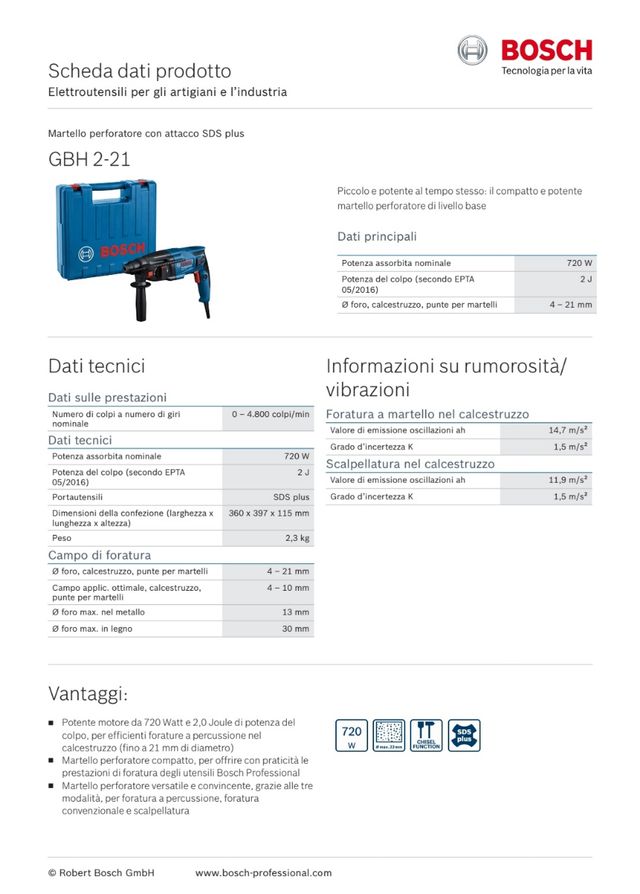 MARTILLO BOSCH 720 W 2J GBH 2-21 SDS PLUS PROFESIO